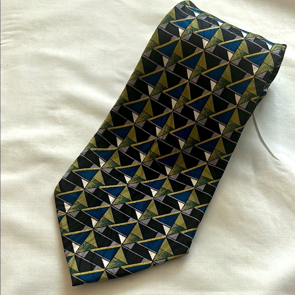 Silk Hand Made Black/Blue/Green/Gold/White Geometric Pattern Tie